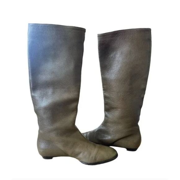 Jimmy Choo 7.5 Ruched LEATHER Riding Boots Knee High Flat Tall Gray Taupe - Picture 6 of 10